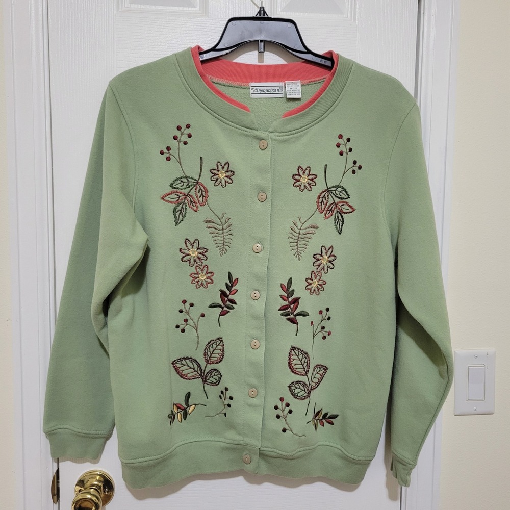 Shenanigans Womens Large Sage Green Floral Embroidered Button Front Sweatshirt